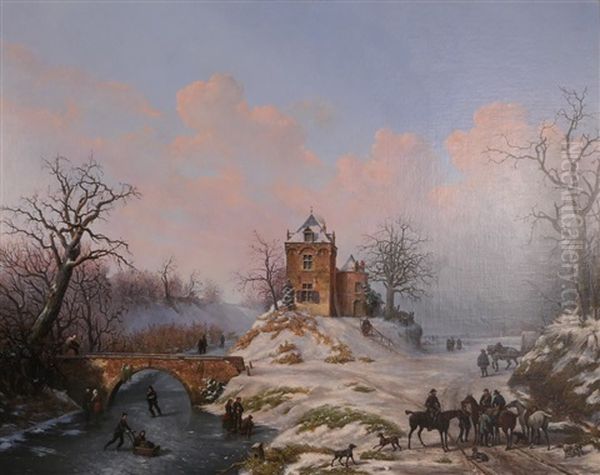 Winter Landscape With Animated Scenes Oil Painting by Joseph Ignace van Hoey