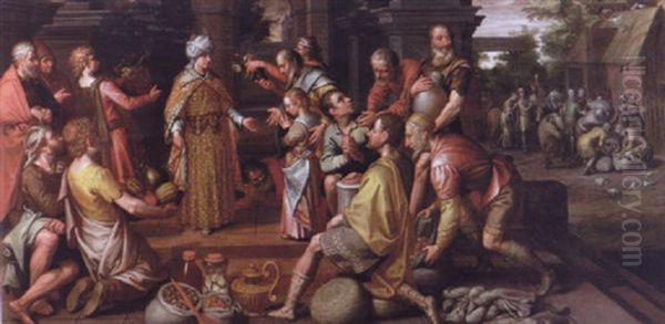 Joseph Distributing The Harvest To The Egyptians And Benjamin Being Presented To His Brother Oil Painting by Nicolas De Hoey