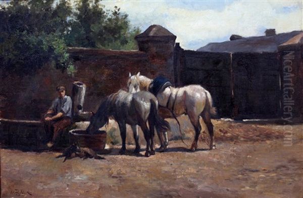 Drinkende Paarden Op Een Erf Oil Painting by Willem Jacob Hofdijk