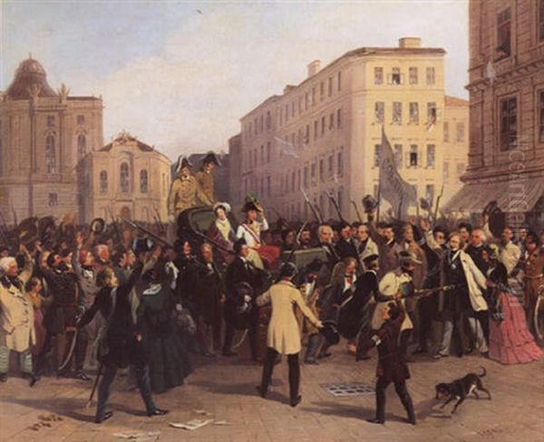 Kaiser Ferdinands Ausfahrt Am 15. Marz 1848 Oil Painting by Johann Nepomuk Hoefel