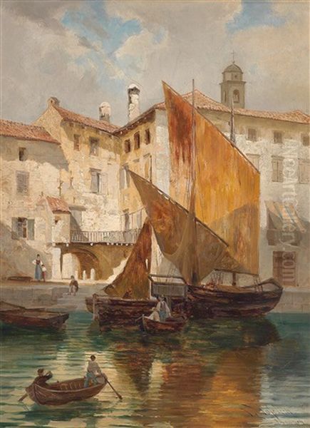 Hafen Von Torbole Am Gardasee Oil Painting by Friedrich Ludwig Hofelich