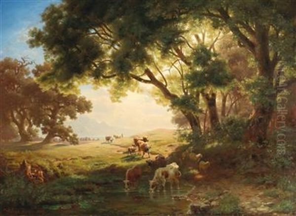 On Route To The Watering Place Oil Painting by Heinrich Hofer