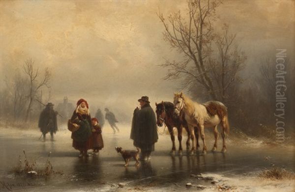 Figures, Horses And Dog On A Frozen Pond Oil Painting by Heinrich Hofer