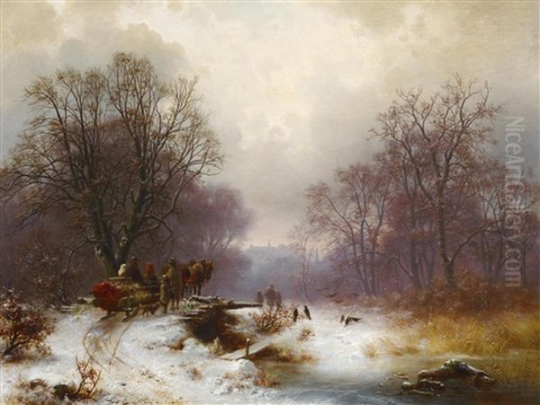 Schneelandschaft An Der Isar Oil Painting by Heinrich Hofer