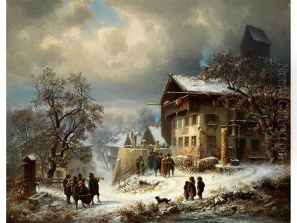 Verschneites Oberbayerisches Dorf Mit Festgesellschaft Und Musikkapelle Im Freien Oil Painting by Heinrich Hofer