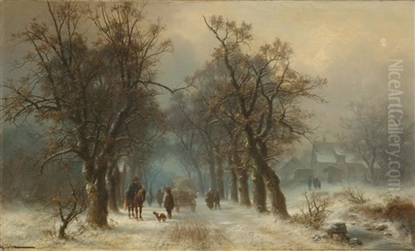 Figures And Horse Wagon On A Snowy Wooded Road Oil Painting by Heinrich Hofer