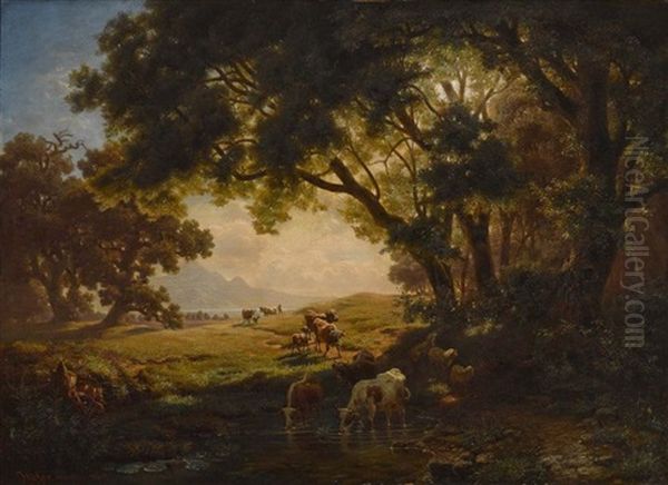 Vorgebirgslandschaft Mit Schafen Und Rindern Oil Painting by Heinrich Hofer