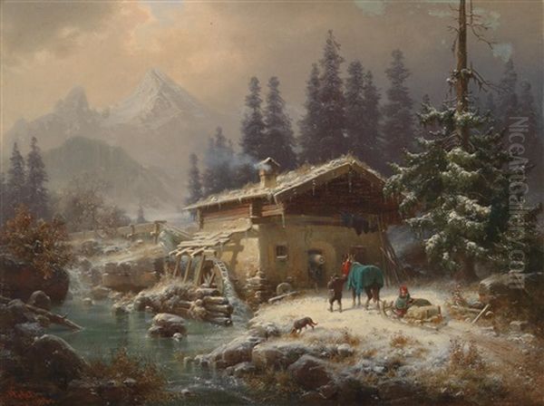 Muhle Im Winterwald Oil Painting by Heinrich Hofer