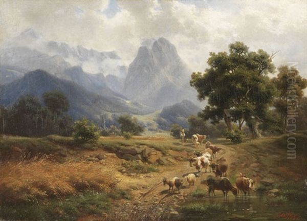 Hirtenjunge Mit Vieh Bei Partenkirchen Mit Blick Auf Das Wettersteingebirge Oil Painting by Heinrich Hofer