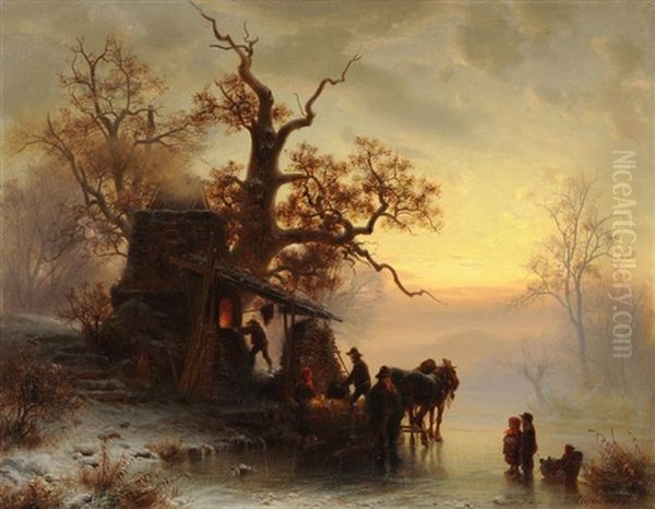 Aufbruch Der Bauern In Winterlicher Landschaft Oil Painting by Heinrich Hofer