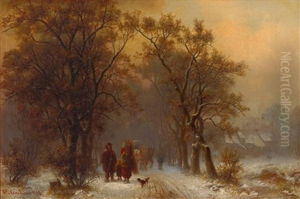 Bauern Auf Winterlicher Allee Bei Einem Dorf Oil Painting by Heinrich Hofer