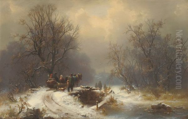 A Winter Landscape With Figures Beside A Horse-drawn Sledge, A Dog Nearby Oil Painting by Heinrich Hofer