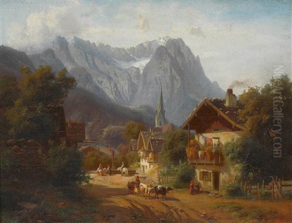 Der Florianplatz In Partenkirchen Oil Painting by Heinrich Hofer