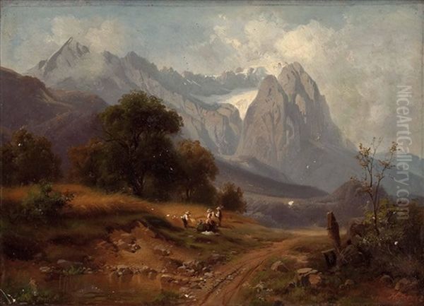 Die Alpspitze Und Das Zugspitzenmassiv Mit Personenstaffage Oil Painting by Heinrich Hofer