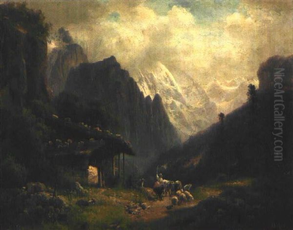 Hirte Mit Seiner Herde Im Lauterbrunnental Vor Einer Alm Oil Painting by Heinrich Hofer