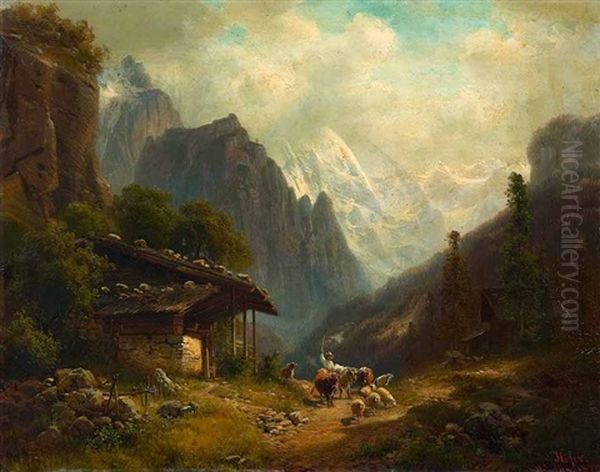 Hirte Mit Seiner Herde Im Lauterbrunnental Vor Einer Alm Oil Painting by Heinrich Hofer