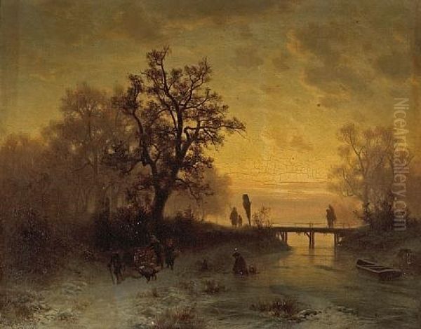 A Winter Landscape At Sunset With Figures Oil Painting by Heinrich Hofer