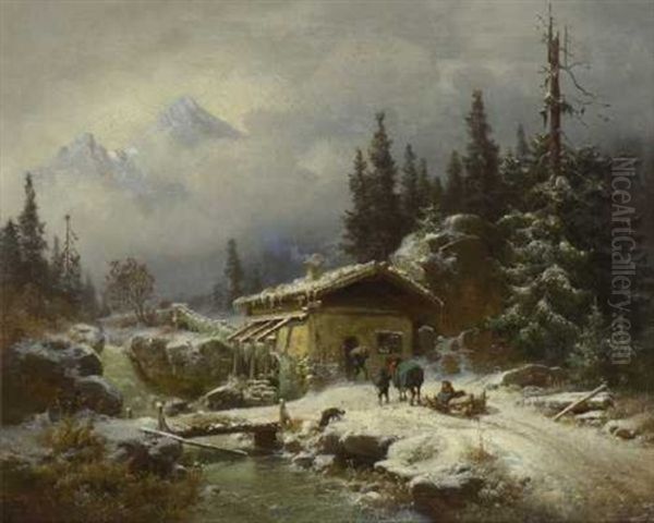 Muhle In Winterlicher Gebirgslandschaft Oil Painting by Heinrich Hofer