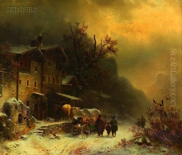 Winter Scene At An Inn Oil Painting by Heinrich Hofer