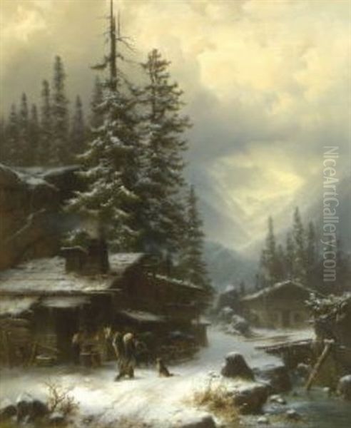 Hufschmiede In Winterlicher Gebirgslandschaft Oil Painting by Heinrich Hofer