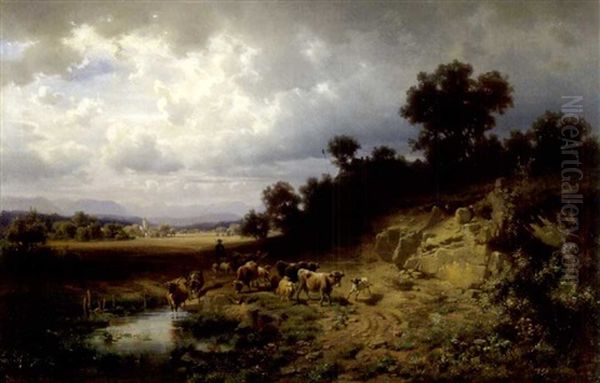 Weite Landschaft Mit Hirten, Kuhen Und Schafen Vor Einer Tranke Oil Painting by Heinrich Hofer