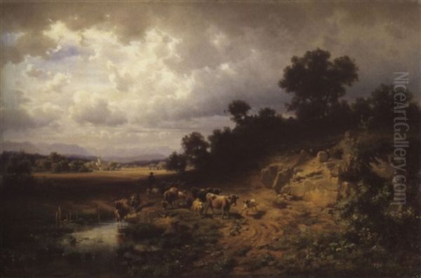 Weite Landschaft Mit Hirt Und Kuhen Und Schafen Vor Einer Tranke Oil Painting by Heinrich Hofer