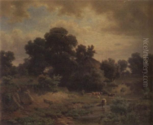 Landschaft Mit Viehherde An Einer Furt Oil Painting by Heinrich Hofer