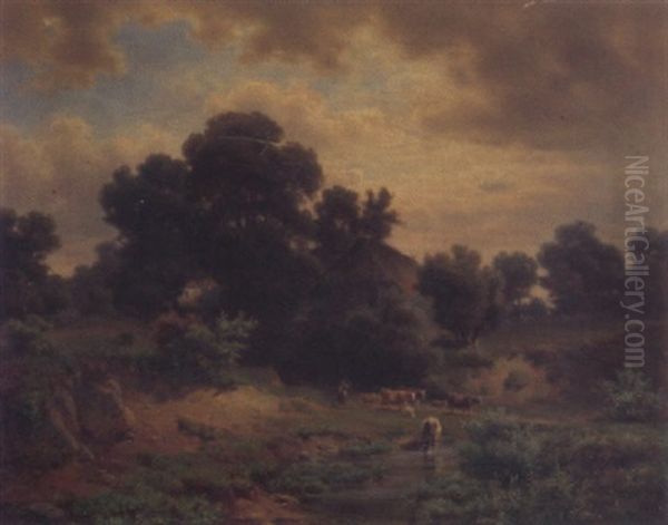 Landschaft Mit Viehherde An Einer Furt Oil Painting by Heinrich Hofer