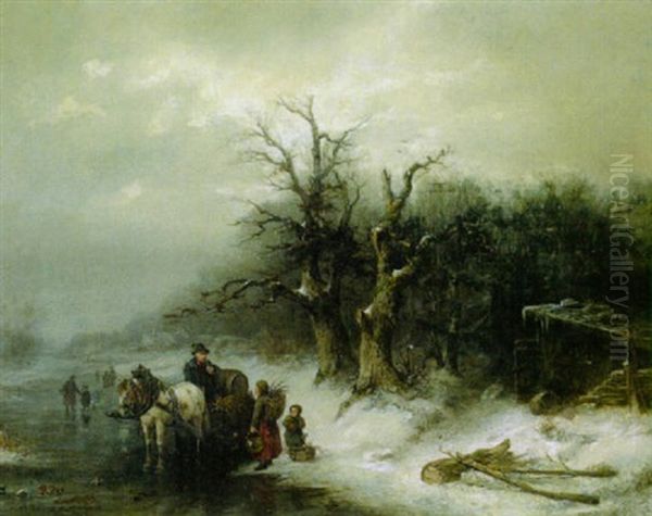 Winterszene - Auf Dem Eis Oil Painting by Heinrich Hofer