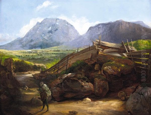 Wanderer Am Flussufer Bei Stainach Mit Blick Auf Den Grimming Oil Painting by Ignaz Hofer