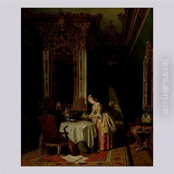 Interior Scene At Tea Time Oil Painting by Carl Heinrich Hoff the Elder