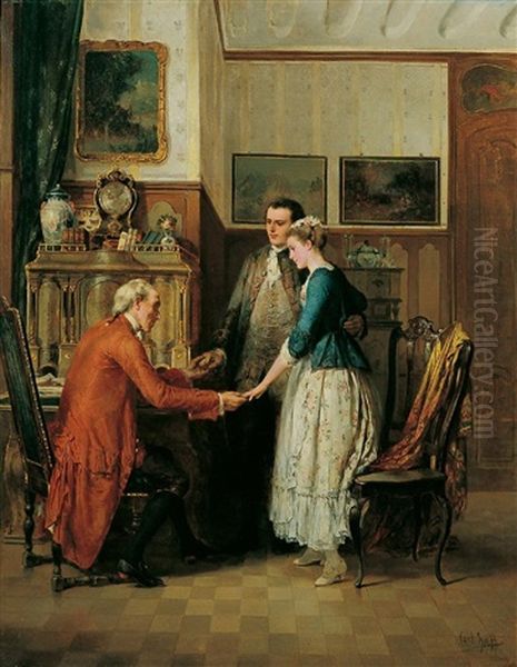 Die Verlobung - Das Junge Paar Vor Dem Brautvater Stehend Oil Painting by Carl Heinrich Hoff the Elder