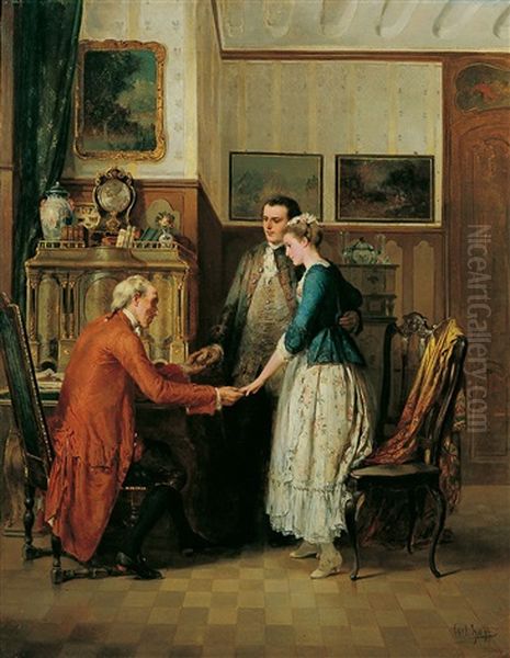 Die Verlobung. Das Junge Paar Vor Dem Brautvater Stehend Oil Painting by Carl Heinrich Hoff the Elder