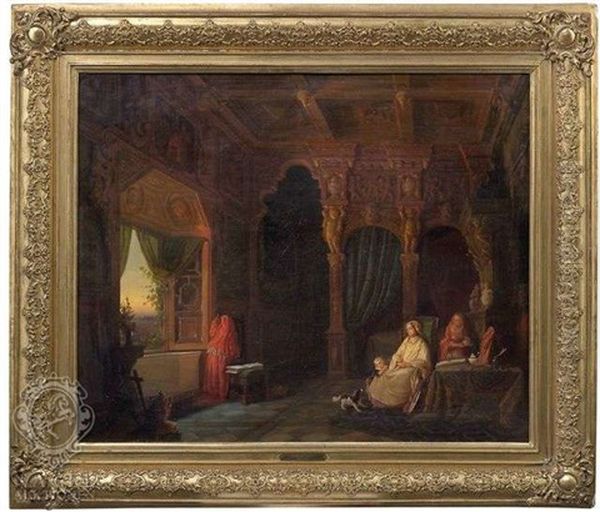 Abendliches Schlossinterieur. Eine Dame Im Lehnstuhl Beobachtet Durch Das Fenster Den Sonnenuntergang, Wahrend Ihr Kind Mit Einem Hund Spielt Oil Painting by Conrad Hoff