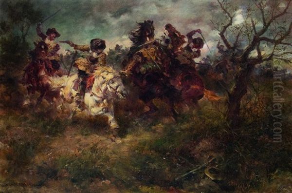 Fight On Horseback Oil Painting by Anton Hoffmann