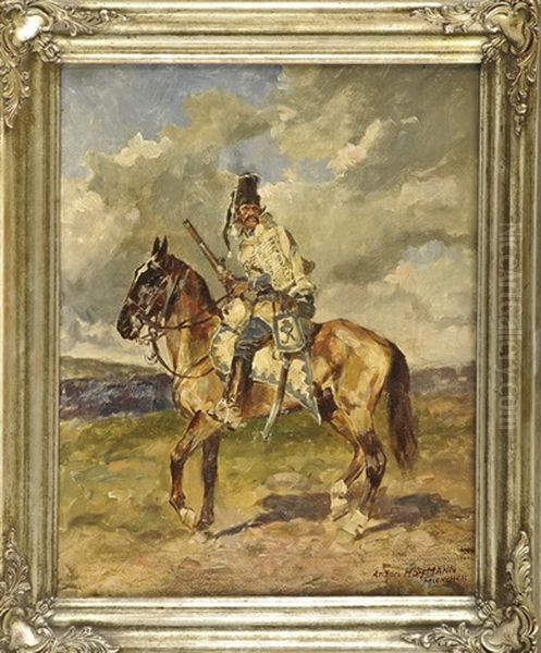 Preussischer Husar Mit Dem Koniglichen Monogramm Zu Pferde In Weiter Landschaft Oil Painting by Anton Hoffmann