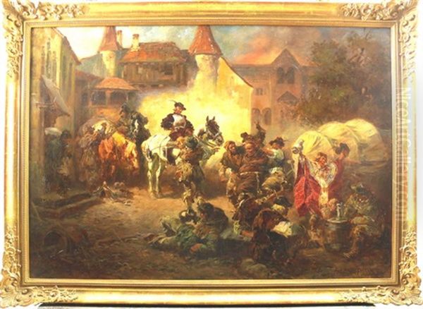 Gruppe Landser Mit Offizier (evtl. Tilly?) Im 30-jahrigen Krieg Bei Der Siegesfeier Vor Einem Kloster Oil Painting by Anton Hoffmann