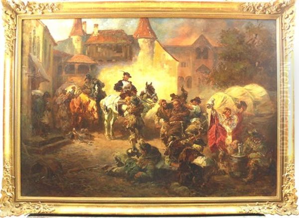 Gruppe Landser Mit Offizier Im 30-jahrigen Krieg Bei Der Siegesfeier Vor Einem Kloster Oil Painting by Anton Hoffmann