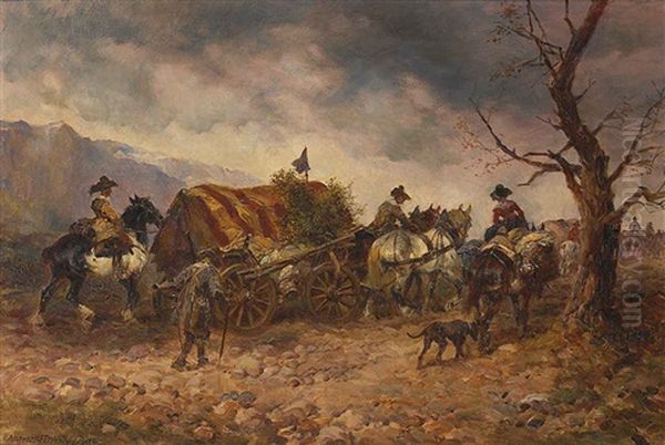 Mittelalterliches Fahnlein Mit Marketenderwagen In Herbstlicher Vorgebirgslandschaft Oil Painting by Anton Hoffmann