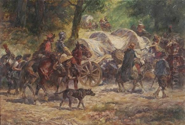 Reisende Im Wald. Reiter Mit Kutschen Auf Einem Waldweg Oil Painting by Anton Hoffmann