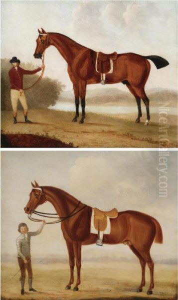 A Chestnut Racehorse Held By A Jockey; And A Bay Racehorse Held By A Groom Oil Painting by Benjamin Barker