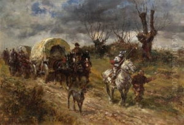 Ziehende Landsknechte Mit Planwagen Auf Der Landstrase Oil Painting by Anton Hoffmann