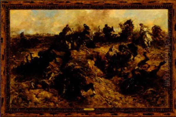 A Skirmish Oil Painting by Anton Hoffmann