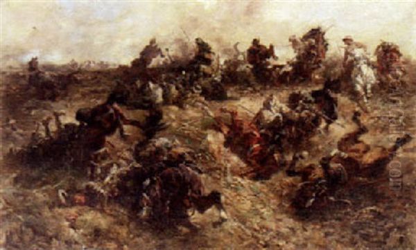 A Skirmish Oil Painting by Anton Hoffmann