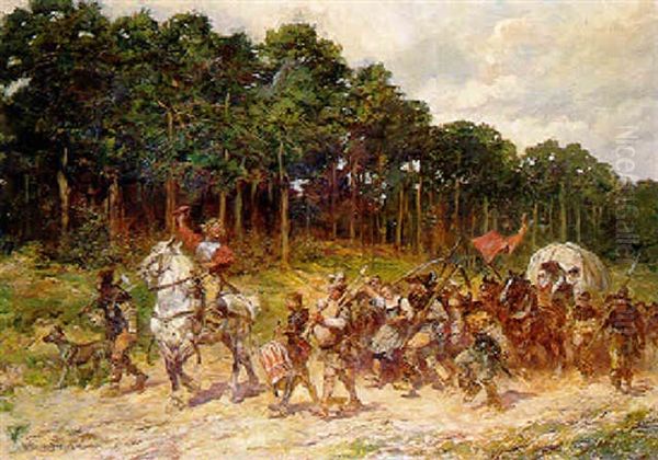 A Horseman Leading A Troup Of Armed Peasants Through A Forest During The Thirty Year War Oil Painting by Anton Hoffmann