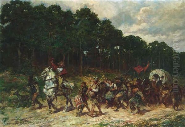 A Horseman Leading A Troup Of Armed Peasants Through A Forest During The Thirty Year War Oil Painting by Anton Hoffmann