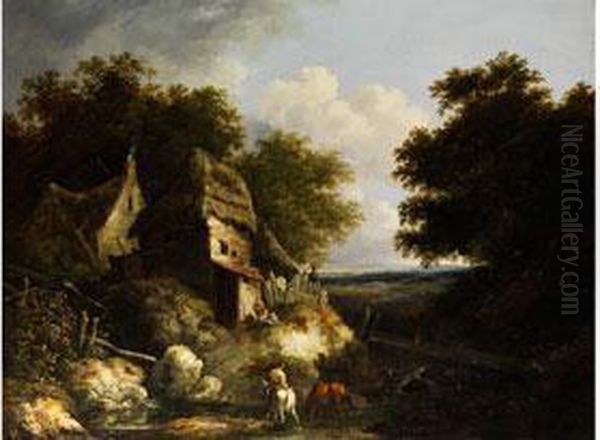 Landschaft Mit Strohgedeckten Hutten Unter Baumkronen Mit Figurenstaffage Und Pferden Am Fluss Oil Painting by Benjamin Barker