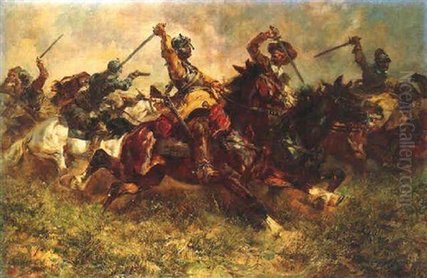 A Cavalry Skirmish Oil Painting by Anton Hoffmann