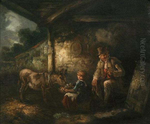 An Irish Cabin, - Peasant Figures And Donkey By A Cottage Oil Painting by Benjamin Barker