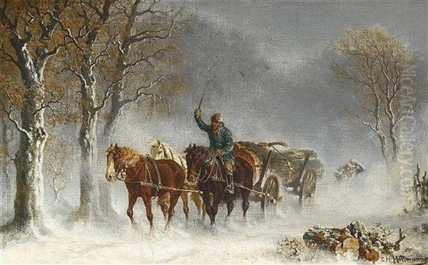 Holzabfuhr Im Winterwald Oil Painting by Carl Heinrich Hoffmann